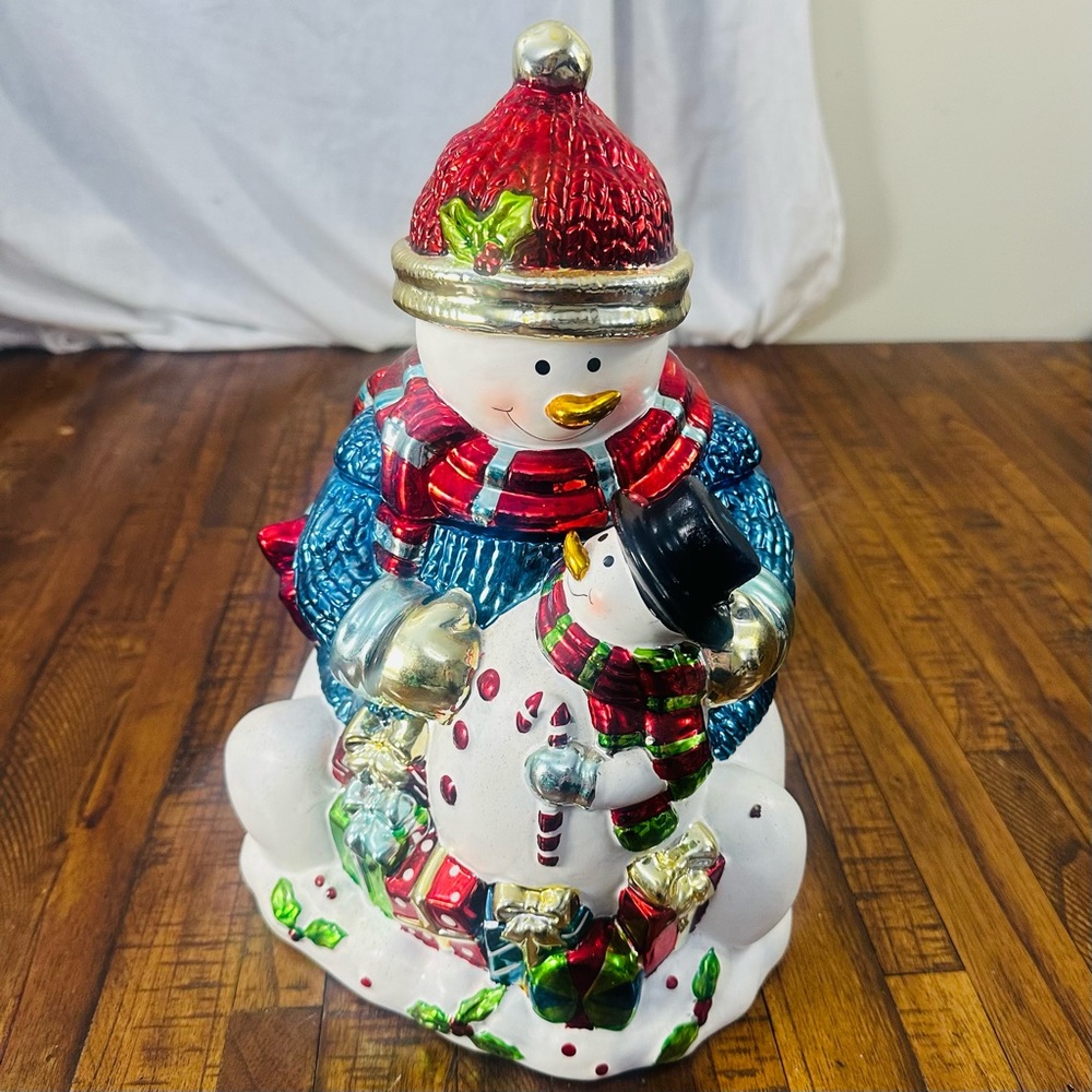Vintage Christmas Snowman Cookie Jar Holiday Shiny Bright‎ Metallic Collectible
